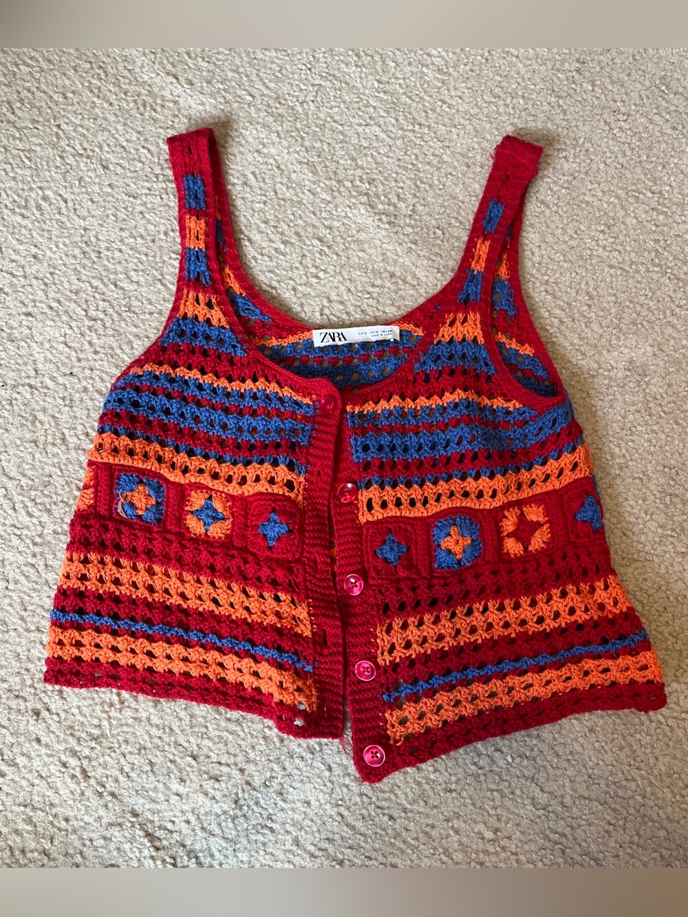 Zara Crocheted Multicolor Button Front Tank - Red, Orange & Blue